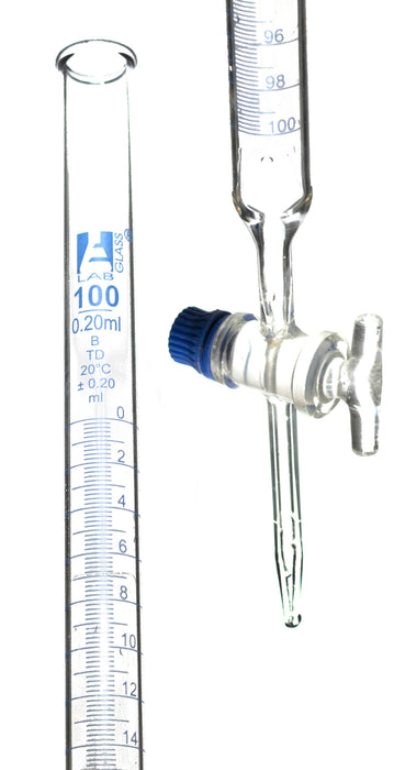 Class B 100mL Borosilicate Burette - 0.2mL Graduations - 0.2mL Tolerance - Glass Key (Smooth) Stopcock - 30.5" Tall