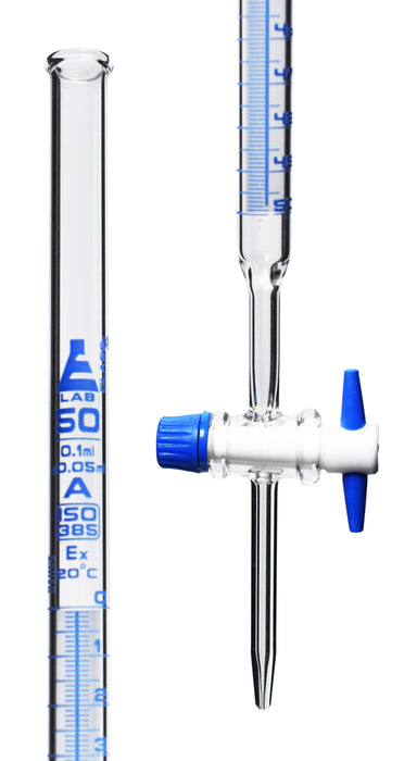 Schellbach Burette, 50mL - Class A - PTFE Stopcock - Blue Graduations - Borosilicate Glass