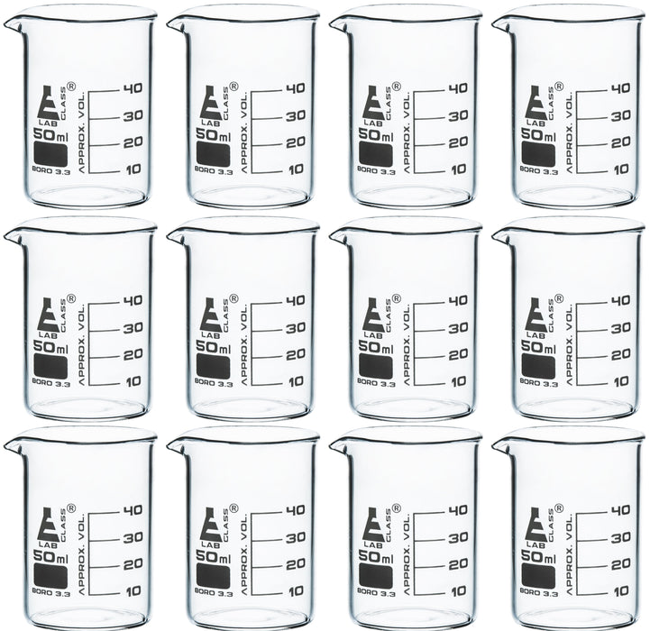 12PK Beaker, 50ml - Low Form with Spout - White, 10ml Graduations - Borosilicate 3.3 Glass