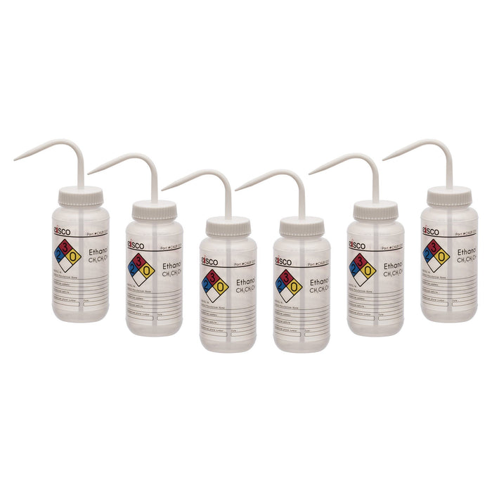 6PK Performance Plastic Wash Bottle, Ethanol, 500 ml - Labeled (4 Color)
