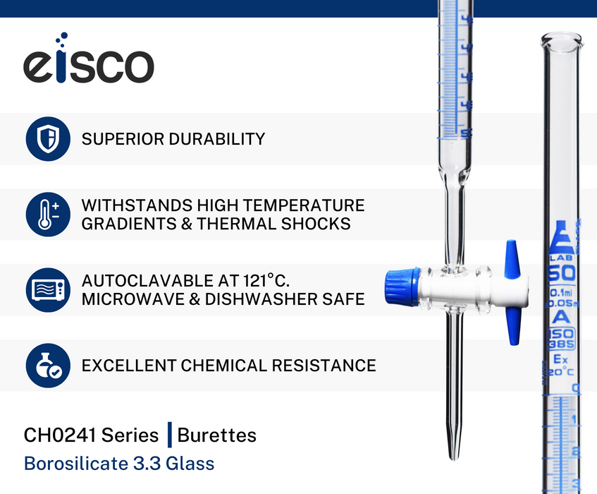 Schellbach Burette, 50mL - Class A - PTFE Stopcock - Blue Graduations - Borosilicate Glass