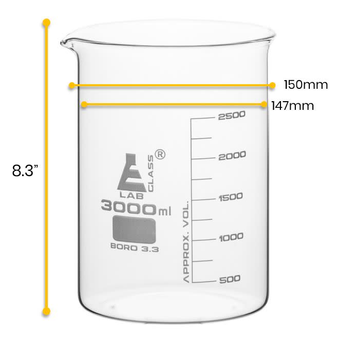Beaker, 3000ml - Low Form - White Graduations - Borosilicate Glass