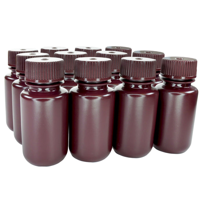 Eisco - Pack of 12, 60mL Wide Mouth Amber HDPE Reagent Bottles with Polypropylene Caps, Non-Sterile, Leak-Proof, Chemical-Resistant, UV Light Shielding for Lab Use, -100°C to 120°C, Ideal for Light-Sensitive Storage