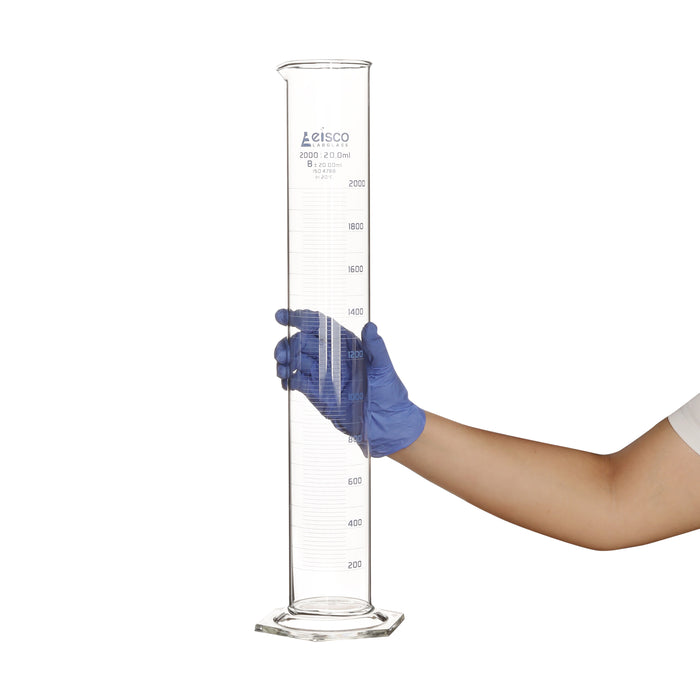 Graduated Cylinder, 2000ml - Class B - Blue Graduations, Hexagonal Base