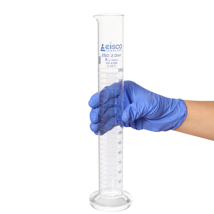 Graduated Cylinder, 250ml - Class A - Blue Graduations, Round Base
