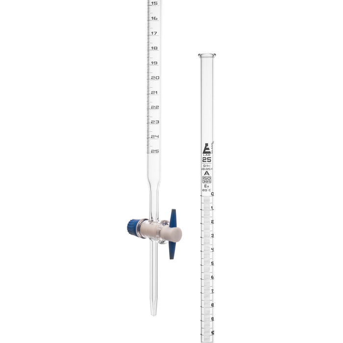 Burette, 25ml - White 0.10mL Graduations - Class A, Conforms with DIN ISO 385 Standards - Borosilicate Glass with PTFE Key Stopcock - Eisco Labs