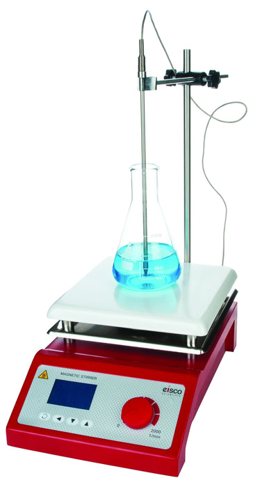 Magnetic Hotplate Stirrer - 7"x7" Ceramic Top - Digital Display - 5000mL Capacity - Max Temp 400Â°C - Stir Speed 100-2000 rpm - Includes Rod & Clamp Assembly, Temperature Probe, Stir Bar
