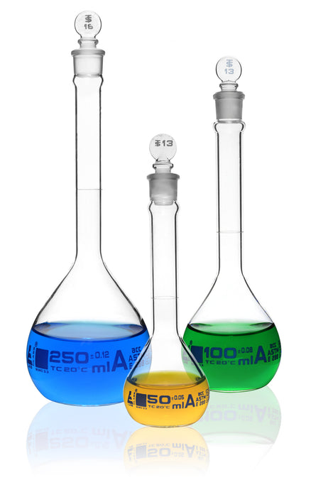 Safety Pack Volumetric Flask Set - 50ml, 100ml & 250ml - Class A, ASTM -Borosilicate 3.3 Glass