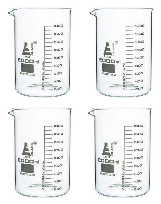 4PK Beakers, 2000ml - Low Form - Graduated - Borosilicate Glass