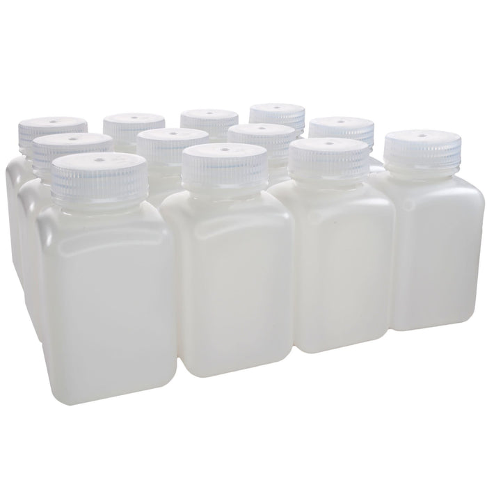 Eisco - Pack of 12, 250mL Square HDPE Reagent Bottles with Wide Mouth Polypropylene Caps, Translucent, Non-Sterile, Chemical Resistant, Leak-Proof, -100°C to 120°C, Ideal for Lab and Industrial Use