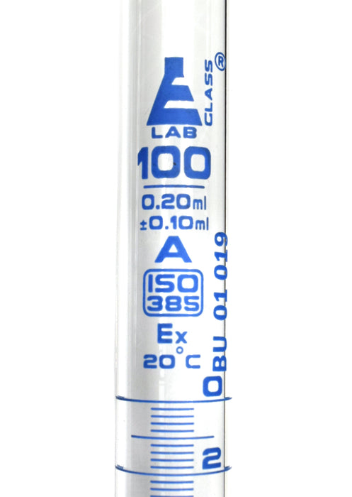 Burette, 100mL - Class A, DIN 385 Compliant, Borosilicate Glass with Glass Key Stopcock, 0.2mL Graduations - Eisco Labs
