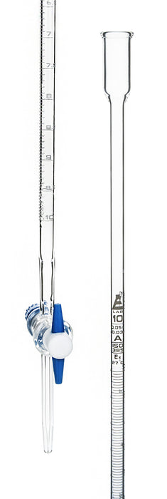 Micro Burette, 10ml - ASTM, Class A, Â±0.02ml Accuracy - Borosilicate Glass - Straight Bore PTFE Stopcock - 0.02ml White Graduations - Eisco Labs