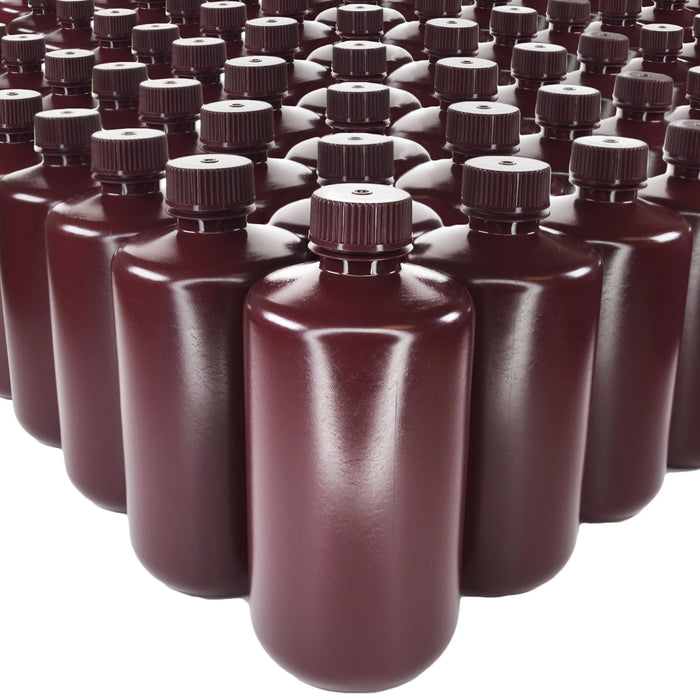 Eisco - Bulk Pack of 125 500mL Narrow Mouth HDPE Amber Reagent Bottles with Polypropylene Caps, Non-Sterile, Lab Containers for Light-Sensitive Substances, -100 to 120°C Temperature Range