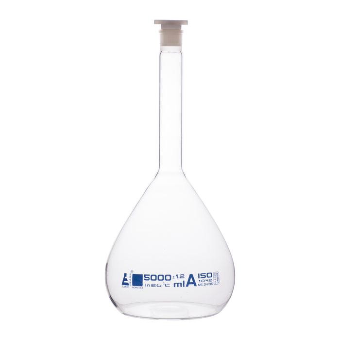 Volumetric Flask, 5000ml - Class A - 34/35 Polyethylene Stopper, Borosilicate Glass - Blue Graduation, Tolerance Â±1.200 - Eisco Labs