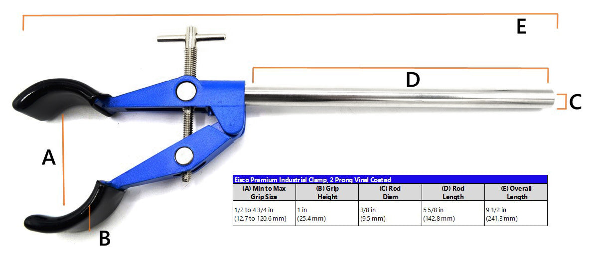 2 Prong Burette Clamp on Stainless Steel Rod - 4.25" Max Opening