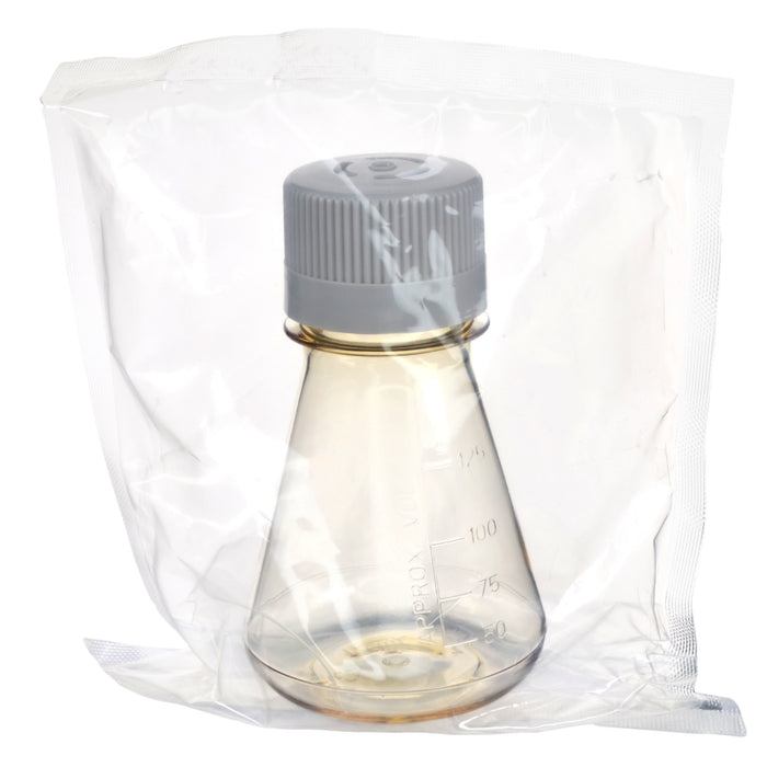 Eisco - Pack of 1, 125mL Sterile Polycarbonate Erlenmeyer Flask, Vented, Flat Bottom, Gamma Sterilized, USP Class VI, Lab-Grade, Chemical Storage, Cell Culture, Mixing