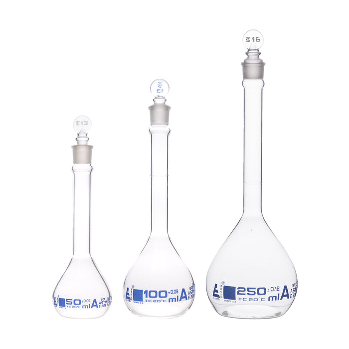 Safety Pack Volumetric Flask Set - 50ml, 100ml & 250ml - Class A, ASTM -Borosilicate 3.3 Glass