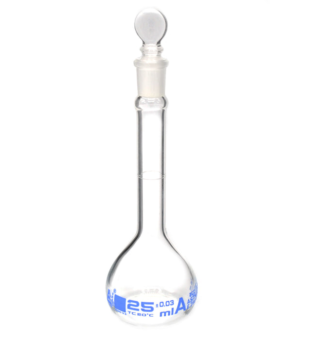 Volumetric Flask, 25ml - Class A, ASTM - Tolerance Â±0.030 ml - Glass Stopper -  Single, Blue Graduation - Eisco Labs