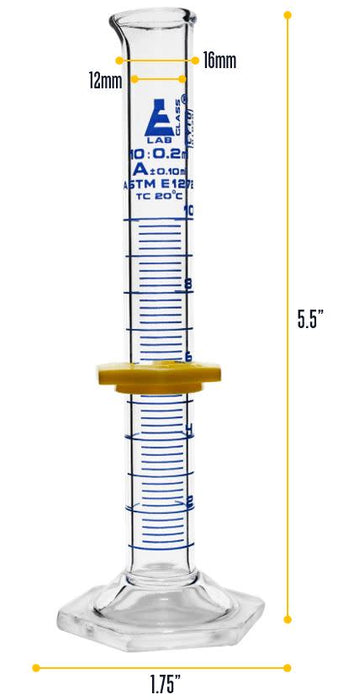 Graduated Cylinder, 10mL - ASTM Class A - Protective Collar, Hexagonal Base - Blue Graduations - Borosilicate Glass