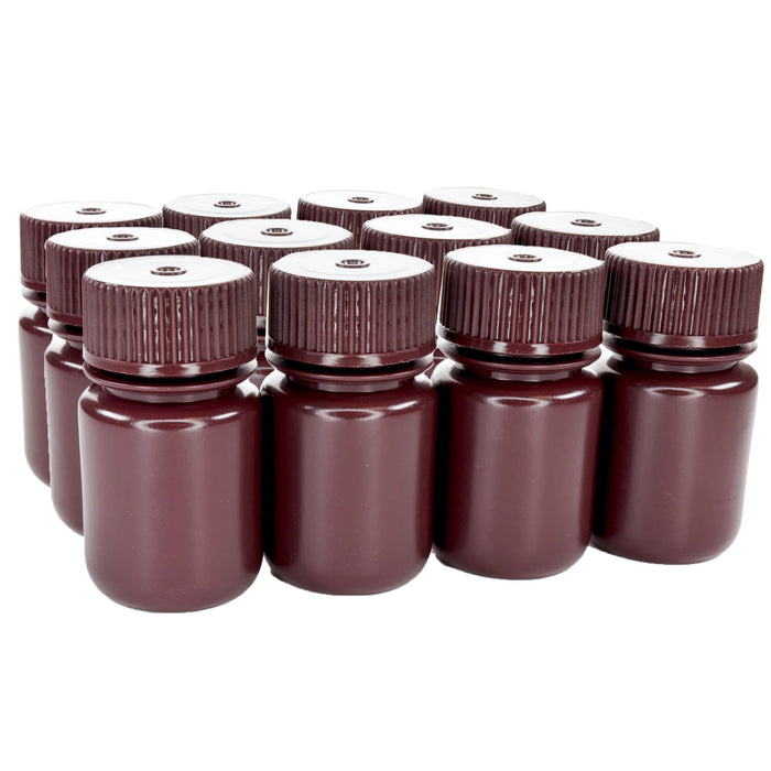 Eisco - Pack of 12, Sterile 30mL Wide Mouth Amber HDPE Reagent Bottles with Polypropylene Caps, Leak-Proof, UV Light Protection for Laboratory Samples, -100 to 120°C, Durable Chemical-Resistant Lab Containers