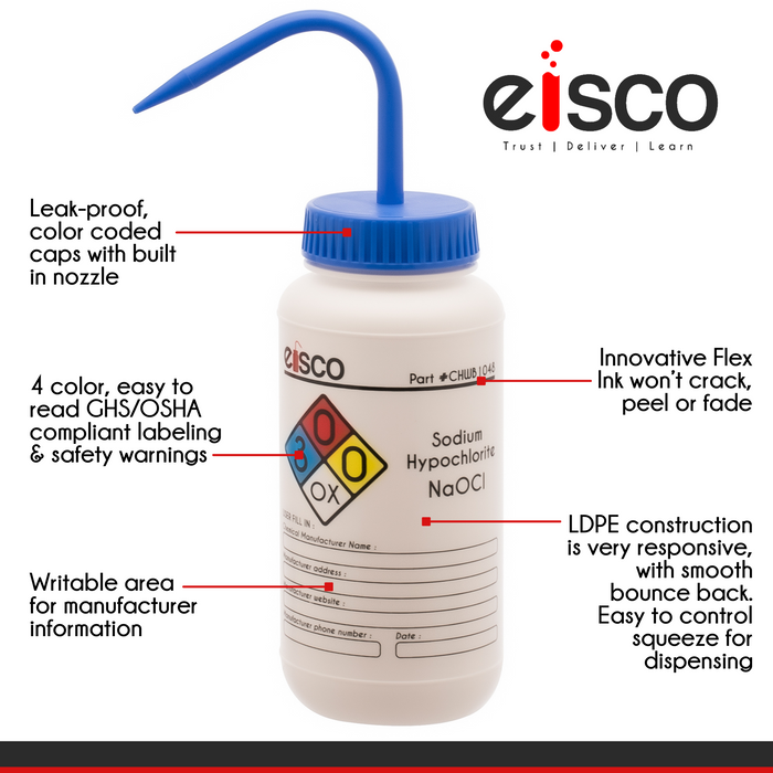 6PK Performance Plastic Wash Bottle,  Sodium Hypochlorite (Bleach), 1000 ml - Labeled (4 Color)