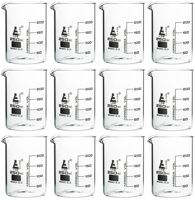 12PK Beakers, 250ml - Griffin Style, Low Form with Spout - White, 50ml Graduations - Borosilicate 3.3 Glass