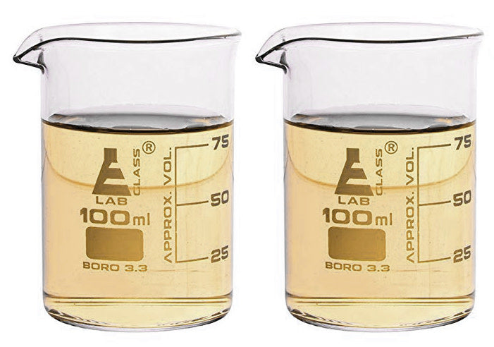 2PK Griffin Beaker Shot Glasses, 3.3oz (100ml) - Scientific Laboratory Quality Borosilicate 3.3 Glass - Double Shot - Eisco Labs