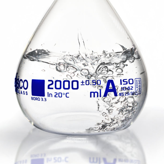 Eisco - 2000mL Volumetric Flask Class A ASTM-E288 Borosilicate Glass with 29/32 Polypropylene Stopper & Individual Work Certificate