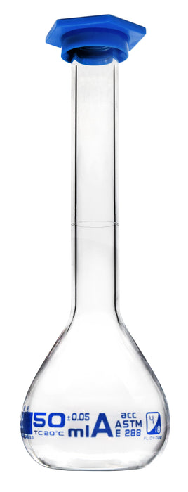 Volumetric Flask, 50ml - Class A, ASTM - Snap Cap - Blue Graduation Mark, Tolerance Â±0.050ml - Eisco Labs
