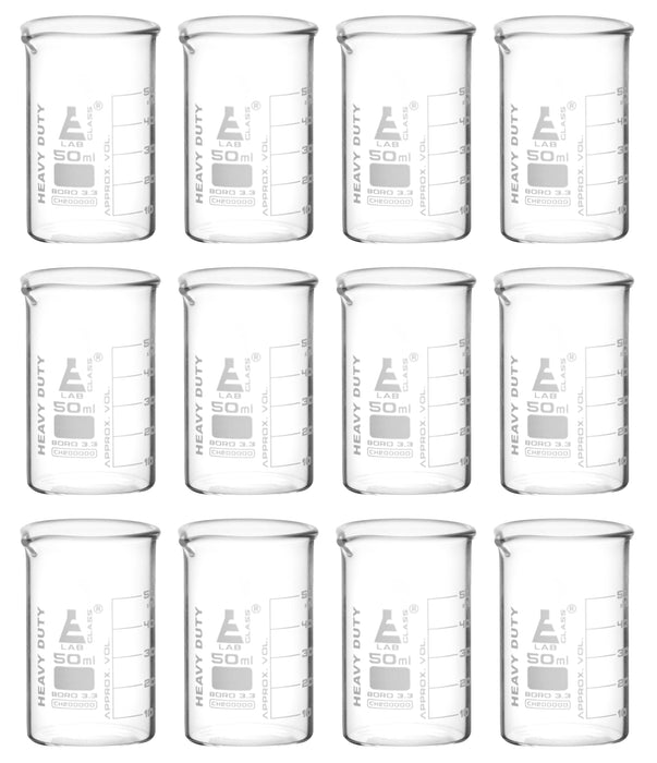 12PK Heavy Duty Beakers, 50ml - 2.2mm Thick, Uniform Walls - Superior Durability & Chemical Resistance - White Graduations - Borosilicate 3.3 Glass - Eisco Labs