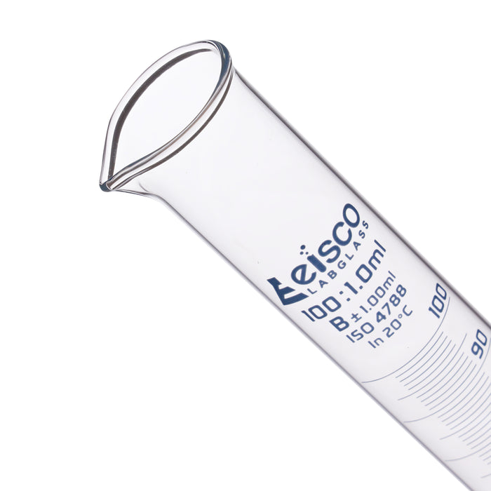 Graduated Cylinder, 100mL - Class B - Hexagonal Base - Blue Graduations - Borosilicate Glass