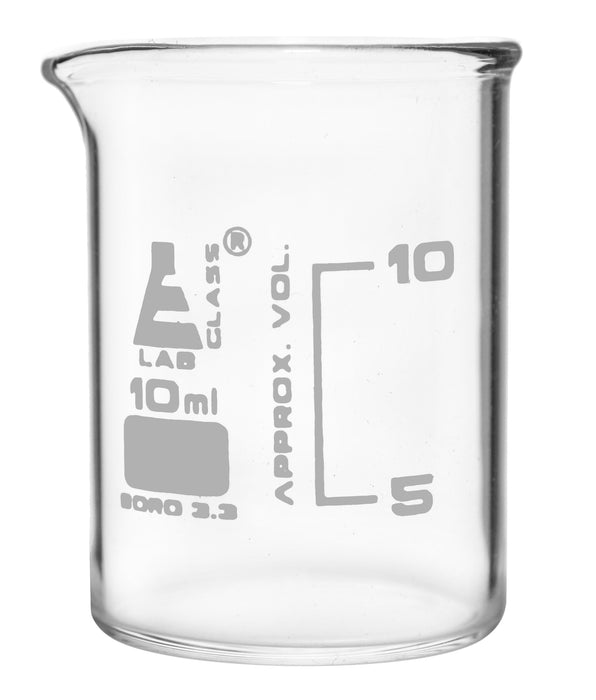 12PK Beakers, 10ml - ASTM - Low Form, Dual Scale Graduations - Borosilicate Glass