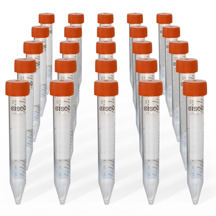Eisco - Pack of 25, 15mL Non-Sterile Centrifuge Tubes, Polypropylene, Flat Cap, Lab-Grade