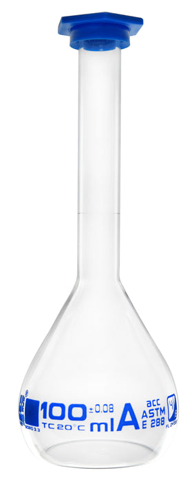 Volumetric Flask, 100ml - Class A, ASTM - Snap Cap - Blue Graduation Mark, Tolerance Â±0.080ml - Borosilicate Glass - Eisco Labs
