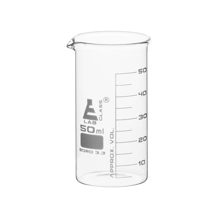 Beaker, 50ml - Tall Form - White Graduations - Borosilicate Glass