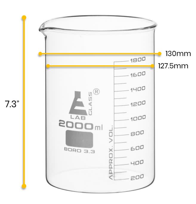 Beaker, 2000ml - Borosilicate Glass, Low Form, - 200ml Graduations