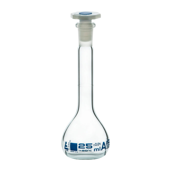 Volumetric Flask, 25ml - Class A - 10/19 Polyethylene Stopper, Borosilicate Glass - Blue Graduation, Tolerance Â±0.040 - Eisco Labs