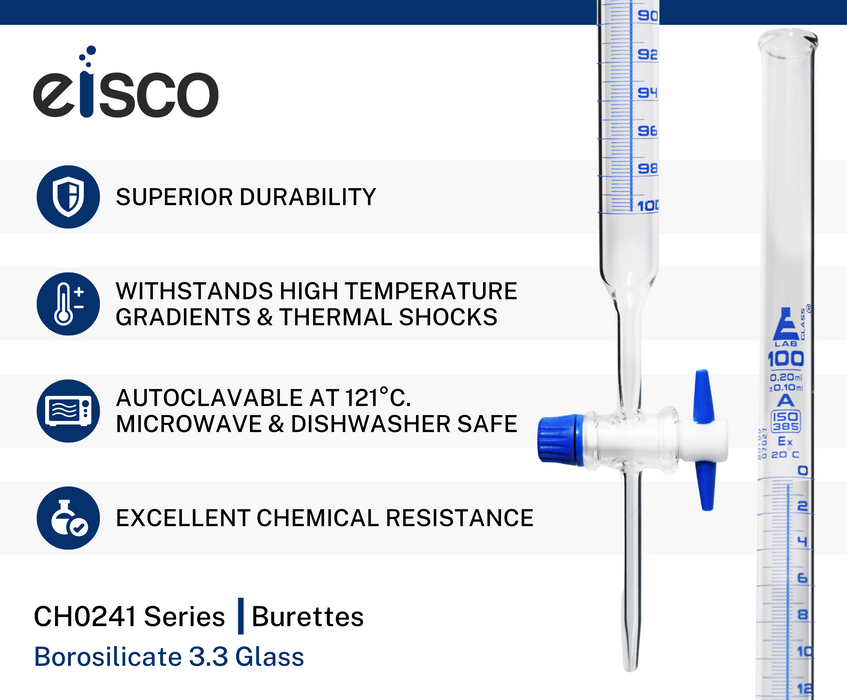 Schellbach Burette, 100mL - Class A - PTFE Stopcock - Blue Graduations - Borosilicate Glass
