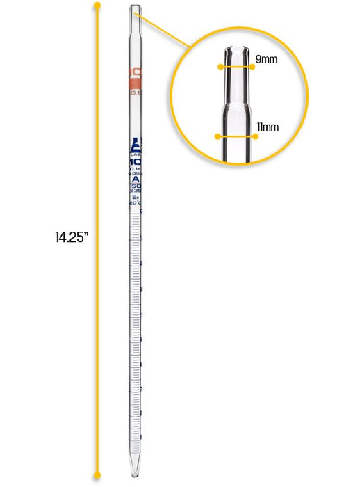 Serological Pipette, 10ml - Class A, Tolerance Â±0.050ml  - Borosilicate 3.3 Glass
