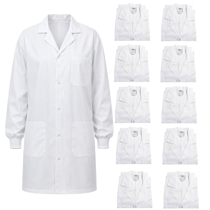 Eisco Adult Small Professional Grade Poly-Cotton Lab Coat with Ribbed Cuffs, 10 Pack – Durable Snap Front Laboratory Coat, 3 Pockets, Machine Washable, White