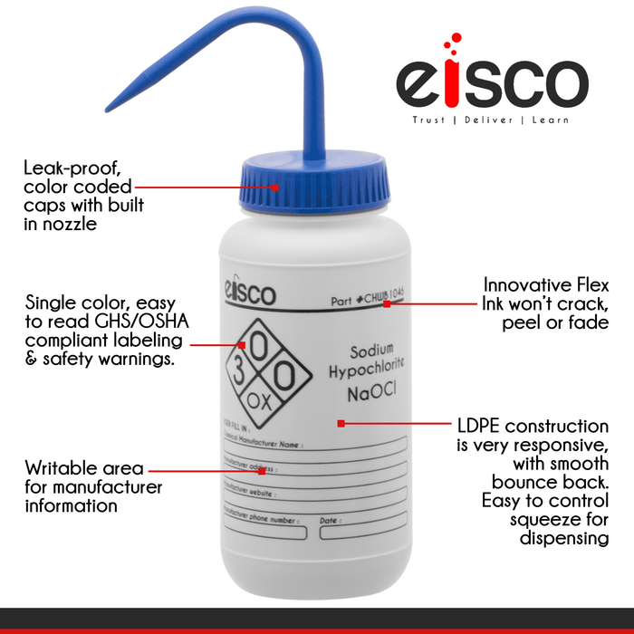 2PK Performance Plastic Wash Bottle,  Sodium Hypochlorite (Bleach), 500 ml - Labeled (1 Color)