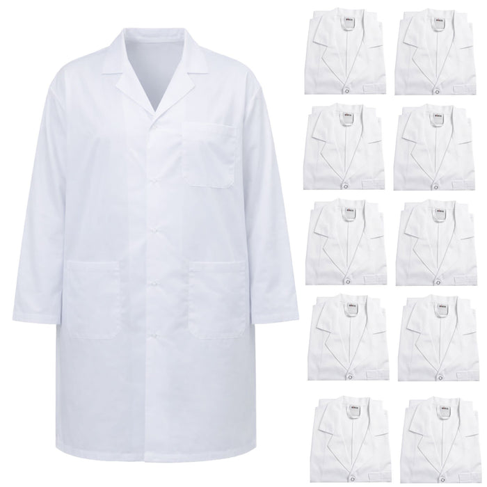 Eisco Adult 2XL Professional Grade 100% Cotton Lab Coat, 10 Pack – Snap Front Laboratory Coat, 3 Pockets, Machine Washable, White