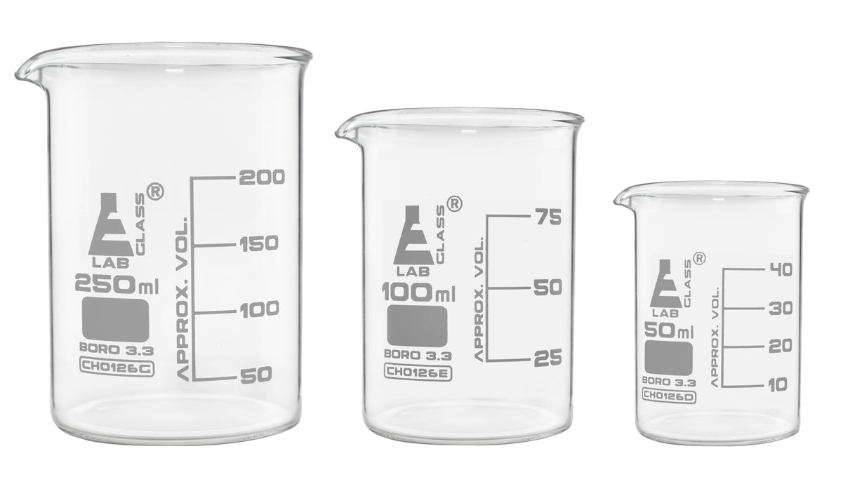 Safety Pack Beaker Set, 250ml, 100ml & 50ml - Low Form, White Graduations - Borosilicate 3.3 Glass