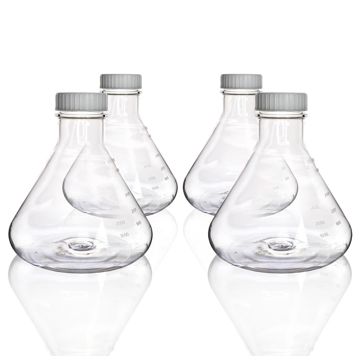 Eisco - Pack of 4, 3L Sterile PETG Erlenmeyer Flasks, Non-Vented, Flat Bottom, Lab-Grade, Gamma Sterilized, USP Class VI, Ideal for Cell Culture, Biopharmaceutical Processing, Chemical Storage