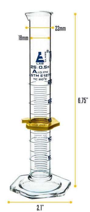 Graduated Cylinder, 25mL - ASTM Class A - Protective Collar, Hexagonal Base - Blue Graduations - Borosilicate Glass