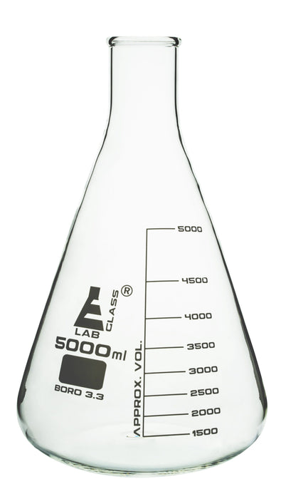 Erlenmeyer Flask, 5000ml - Borosilicate Glass - Narrow Neck, Conical Shape - White Graduations - Eisco Labs