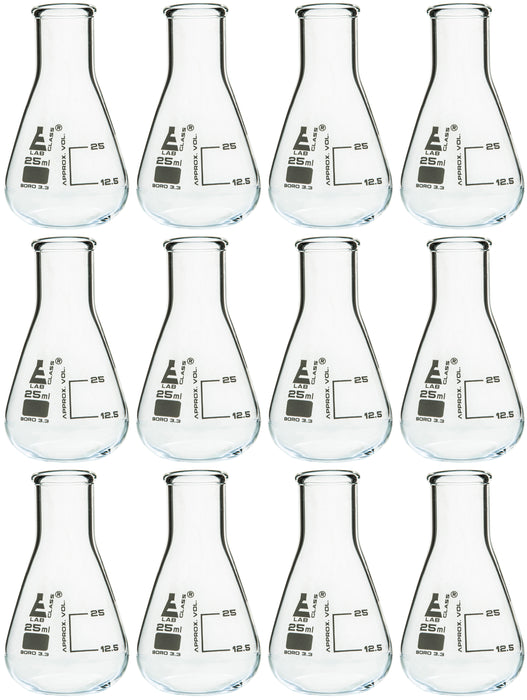12PK Erlenmeyer Flasks, 25mL - Narrow Neck - Borosilicate Glass