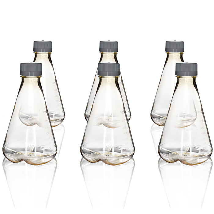 Eisco - Pack of 6, 1L Sterile Polycarbonate Erlenmeyer Flasks, Non-Vented, Baffled Bottom, Gamma Sterilized, USP Class VI, Lab-Grade, Mixing, Cell Culture, Shaker Compatible