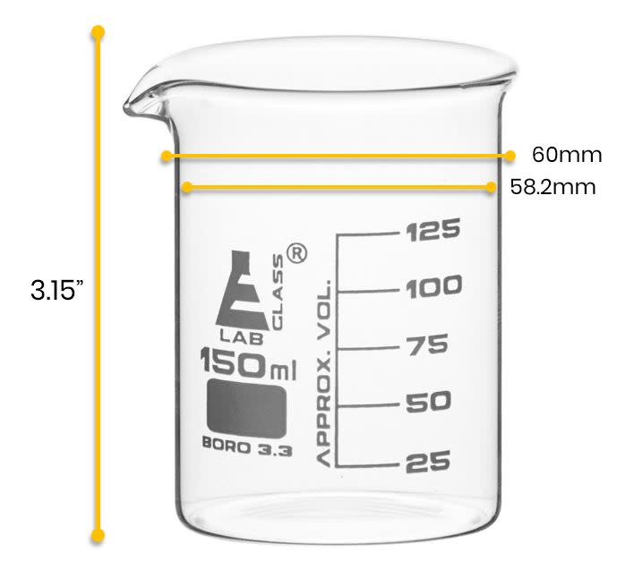 12PK Beakers, 150ml - Griffin Style, Low Form with Spout - White, 25ml Graduations - Borosilicate 3.3 Glass