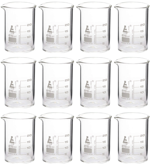 12PK Beakers, 25ml - Griffin Style, Low Form with Spout - White, 5ml Graduations - Borosilicate 3.3 Glass